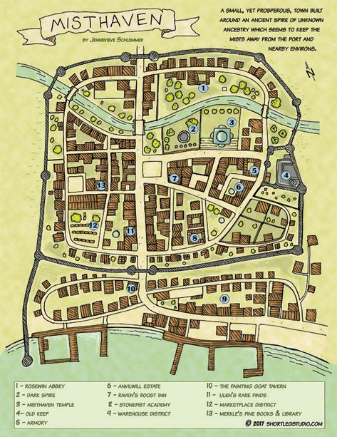 Town Map of Misthaven — Short Leg Studio Minecraft Medieval Village, Town Drawing, Minecraft Kingdom, Fantasy City Map, Fantasy Map Making, Map Ideas, Village Map, Adventure Ideas, Minecraft House Plans