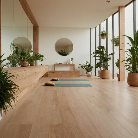 ⚠️LINK IN BIO⚠️ A serene minimalist yoga studio with natural wood floors, floor-to-ceiling mirrors, and an abundance of plants for a calming environment. #YogaStudio #Minimalist #NaturalWood #Mirrors #Plants Minimalist Yoga Studio, Yoga Studio Mirror Wall, Yoga Studio Plants, Mirrors Plants, Wooden Yoga Studio, Minimalist Pilates Studio, Meditation Business, Ceiling Mirrors, Peace Room