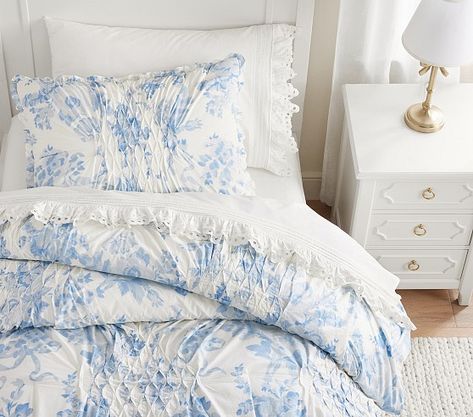 Lake House Charm Nursery | Pottery Barn Kids Blue And White Comforter, Costal Bedroom, Blue Dorm, Bedroom Inspirations Master, Boho Bedroom Design, College Bedroom, Coastal Room, Floral Comforter, Dorm Room Inspiration