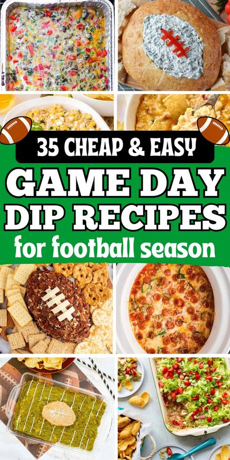 Quick and easy game day dips, football tailgate snacks and superbowl game day appetizers for football season parties, such as cheesy velveeta crockpot dip, queso, buffalo chicken, and easy no bake cold dips recipes. Football Game Dips Crock Pot, Football Party Foods Crockpot, Dips For Football Season, Football Potluck Ideas, Game Day Dips Football Season, Football Dips Recipes Parties, Dips Superbowl, Easy Football Food Ideas, Superbowl Dips