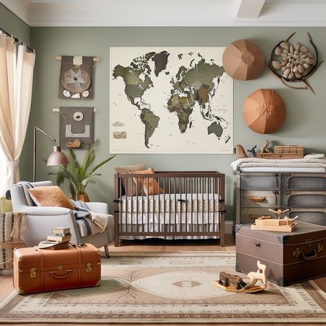 Inspire your baby boy's adventurous spirit with an exploration-themed nursery. World map wall art, vintage suitcases as storage, and travel-themed decor set the stage. Opt for earthy tones and incorporate globes and compasses into the design. Map Themed Nursery, Travel Baby Room, Adventure Baby Room, Travel Themed Nursery, Nursery World Map, Adventure Awaits Nursery, Vintage Nursery Boy, Travel Themed Bedroom, Nature Themed Nursery