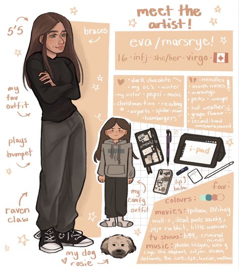 Meet The Artist Aesthetic, Artist Oc Drawing, Meet The Oc Drawing, Character Page Layout, Persona Art Character Design, Artist Journal Sketchbooks, Meet The Artist Template Blank, About The Artist Template, Reference Sheet Ideas