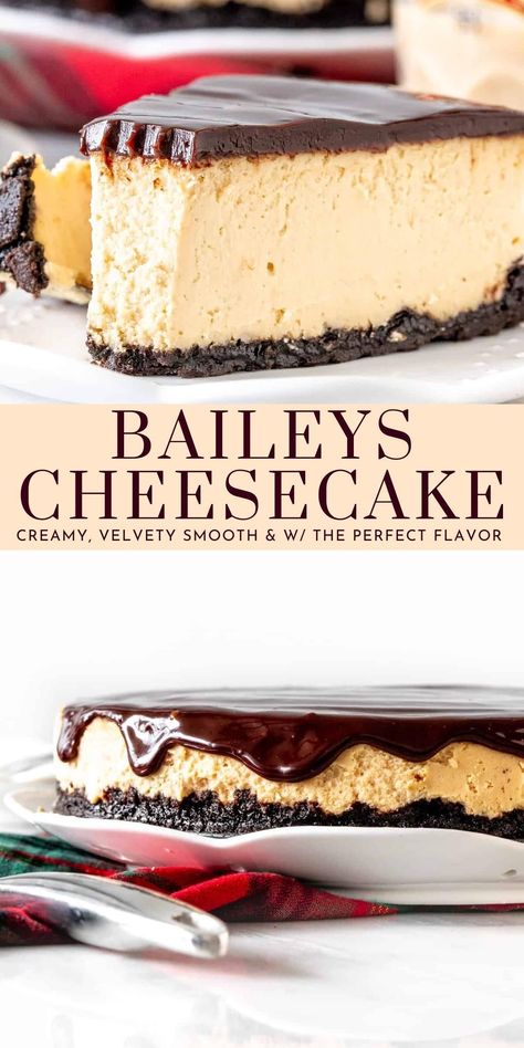 This Baileys cheesecake is creamy and lightly tangy with the perfect Irish cream flavor. It has a velvety smooth texture, crunchy Oreo crust, and Baileys infused chocolate ganache on top #baileys #cheesecake #irishcream #recipe from Just So Tasty https://www.justsotasty.com/baileys-cheesecake-the-ultimate-irish-cream-dessert/ Irish Cheesecake, Irish Cream Desserts, Baileys Irish Cream Recipes, Irish Cream Recipe, Baileys Cheesecake, Baileys Recipes, Favorite Christmas Recipes, Oreo Cookie Crust, Boozy Desserts