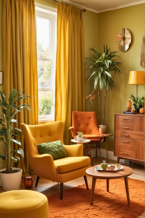 VISIT THE LINK TO BUY NOW..Roundhill Furniture Sovarol Velvet Button-Tufted Wing Back Accent Chair
"Add a pop of sunshine to your home with these vibrant yellow-themed corner decor ideas. Whether you're looking to brighten up a small nook or create a cheerful focal point, these tips will infuse your space with warmth and positivity. 🌼✨

#YellowDecor #CornerDecor #HomeStyling #InteriorDesign #BrightSpaces #HomeDecor #SunnyVibes" 70s Curtains Living Room, 1970s Furniture Living Rooms, 60s Modern Home Decor, Retro Style Home, 70s Lounge Room, Orange Yellow Room, 70s Home Aesthetic, Modern 70s Living Room, 70s Aesthetic Home