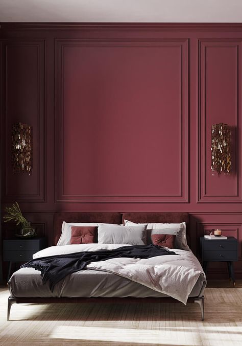 Cranberry Wall Color, Burgundy Room, Burgundy Bedroom, Masculine Bedroom Decor, Eclectic Bedroom Design, Ford Pinto, Wooden Bed Design, Eclectic House, Bedroom Wall Colors