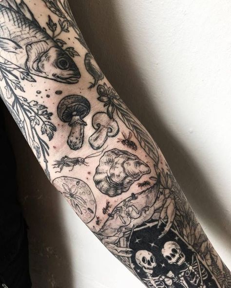 Beehive Arm Tattoo, Black And Gray Filler Tattoo, Environmentalist Tattoo Ideas, Sea Turtle Seaweed Tattoo, Mushroom Filler Tattoo, Many Tattoos On Arm, Simple Bold Tattoos, Plant Patchwork Sleeve Tattoo, Different Tattoo Styles On One Arm