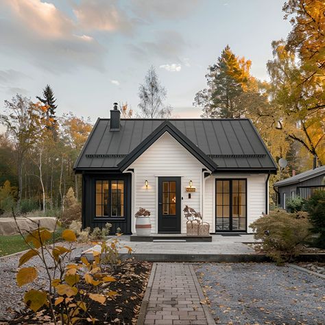 Cottage - Architecture, History, Sustainability, Materials And T Cottage House Remodel, Luxury Small House Interiors, Timeless Cottage Exterior, Black And Wood Farmhouse Exterior, Black House Light Roof, Cottage Black And White, European Small House, Exterior Home Renovation Ideas, Small House White Exterior