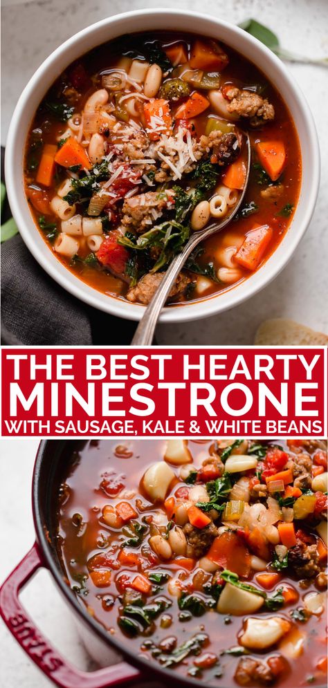 a hearty italian minestrone soup recipe, made with sausage, veggies, beans, kale, & a garlic- & herb-infused broth. this minestrone soup is comforting, rich, & the perfect cozy recipe to make all winter long. the ultimate minestrone soup! #playswellwithbutter #minestronesoup #heartysouprecipes #heartymeals #souprecipes #comfortfood #comfortfooddinners #soup #italianrecipes #italiansoup Minestrone Soup Recipe Italian Sausage, Minestrone Soup With Kale, Minestrone Soup Recipe With Meat, Minestrone With Italian Sausage, Kale Minestrone Soup, Minestrone Soup With Italian Sausage, Minestrone Sausage Soup, Minestrone With Meat, Minestrone Soup With Sausage