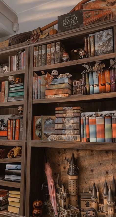 Harry Potter Aesthetic Library, Harry Potter Room Ideas For Adults, Collector Pin Display Ideas, Harry Potter Inspired Home Library, Harry Potter Themed Home Library, Harry Potter Aesthetic Office, Harry Potter Bookshelf Decor, Harry Potter Livingroom, Harry Potter Office Aesthetic