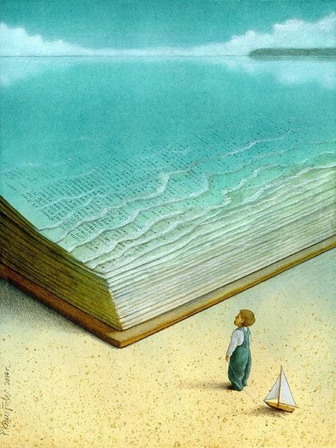 Pawel Kuczynski illustrations - Ocean of knowledge Naha, 판타지 아트, Surreal Art, Book Illustration, Amazing Art, The Ocean, Surrealism, Beautiful Art, Book Art