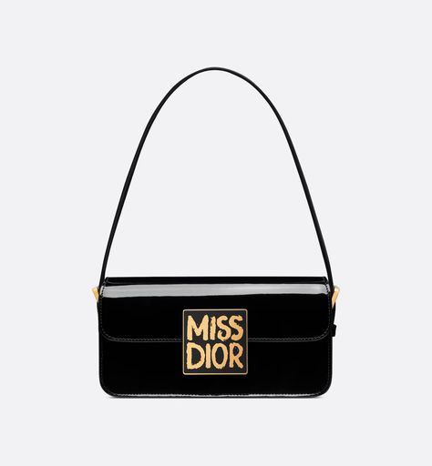 Miss Dior Flap Bag Black Patent Calfskin | DIOR Graffiti Signature, Miss Dior Bag, Dior Star, Enamel Plate, Wallet Pouch, Backpack Tote Bag, Miss Dior, Boot Pumps, Beach Accessories