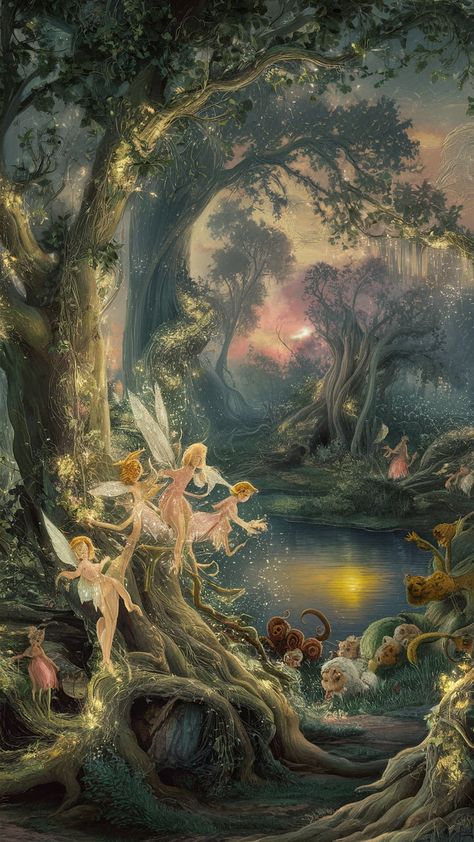 Dive into a magical woodland wallpaper where fairies twirl amongst ancient trees and glowing flora. This dreamlike scene, reminiscent of Impressionist art, captures the shimmering essence of fireflies and the intricate beauty of Art Nouveau. A serene pond mirrors a vibrant sunset, while playful creatures add curiosity. Explore this enchanting landscape and let your imagination soar! #whimsicalart #fairywonderland #impressionist #artnouveau Enchanted Dance Scene, In A Garden Burning Gold, Fairy Phone Background, Fee Wallpaper, Fairytale Wallpaper Aesthetic, Young And Beautiful Aesthetic, Dark Cottagecore Aesthetic Wallpaper, Firefly Aesthetic, Pixie Fairy Aesthetic