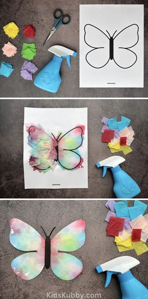 My daughter loves butterflies so I knew painting butterflies with tissue paper would be a hit. And boy was I right. This craft is fun, engaging, and comes out great every time. It was SO SATISFYING watching the colorful tissue paper bleed onto the butterfly printable. This is a fun paper craft for school, homeschool, and even Sunday school classes because it’s so cheap and easy to make! I've included a free printable of the butterfly, that's all you'll need is the tissue paper! Tie Dye Art Projects For Kids, Homeschool Art Projects Kindergarten, 2 Year Crafts Toddlers, Hands On Art Projects, Tissue Paper Crafts For Toddlers, Easy Kids Crafts Paper, First Grade Arts And Crafts, Pre K Craft Ideas, Kinder Arts And Crafts