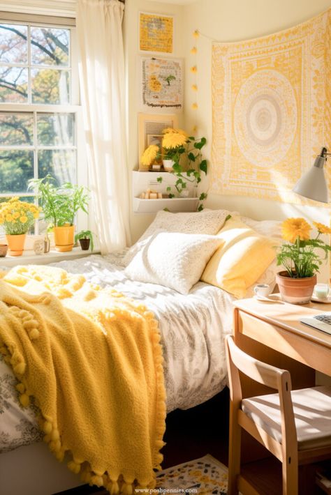 Brilliant And Affordable Boho Dorm Room Decor Ideas - Posh Pennies Yellow Room Decor, Boho Dorm Room, Yellow Bedroom Decor, Boho Dorm, Yellow Room, Dorm Room Inspiration, Yellow Bedroom, Diy Spring, Bedroom Refresh