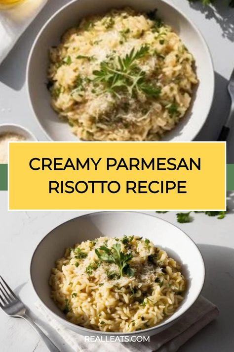 Two bowls of creamy Parmesan risotto garnished with herbs. Creamy Risotto Recipes Parmesan, Recipes With Arborio Rice, Recipe For Risotto, Risotto Rice Recipes, Chicken And Arborio Rice Recipes, Pea Risotto Recipes, Rissoto Recipes Easy, Arborio Rice Recipes Easy, Cheesy Risotto Recipes