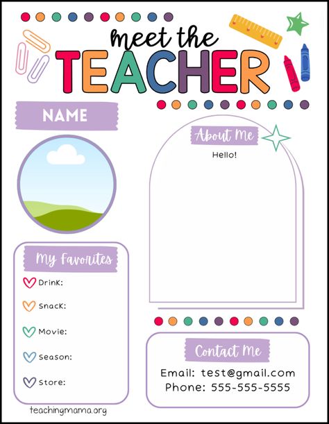 meet the teacher canva template - free version Teacher Profile Ideas, Meet The Teacher Template Free Download, Teacher Welcome Letter Template Free, Teacher Templates Free, Free Meet The Teacher Template Freebie, Free Meet The Teacher Template Editable Preschool, Teacher Bio Template, Preschool Meet The Teacher Ideas, Meet The Teacher Template Editable Free