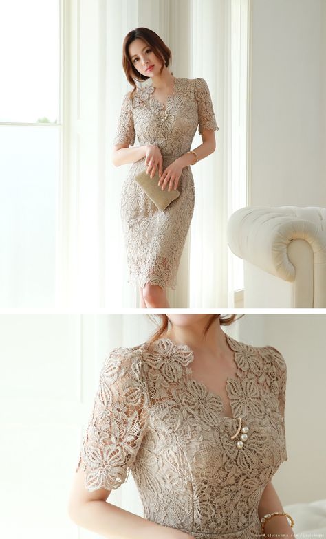 Dress Brokat Modern, Kebaya Modern Dress, Dress Pesta, Kebaya Dress, Myanmar Dress Design, Korean Fashion Women, Batik Dress, Floral Lace Dress, Pearl Brooch