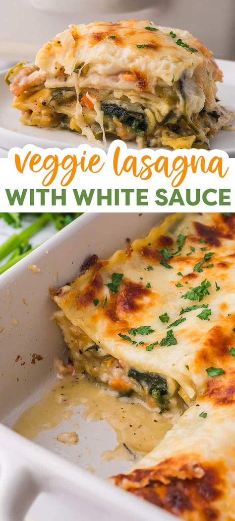 This Vegetable Lasagna with White Sauce is a cheesy, saucy way to get the family excited for veggies! Layers of lasagna noodles, plenty of tender vegetables, and a rich, creamy white sauce make this veggie lasagna a favorite! Vegetable Lasagne With White Sauce, Veggie Lasagna With White Sauce, Veg Lasagna Recipe, Vegetable Lasagna With White Sauce, Easy Veggie Lasagna, Lasagna With White Sauce, White Lasagna Recipe, White Sauce Lasagna, Easy Vegetable Lasagna