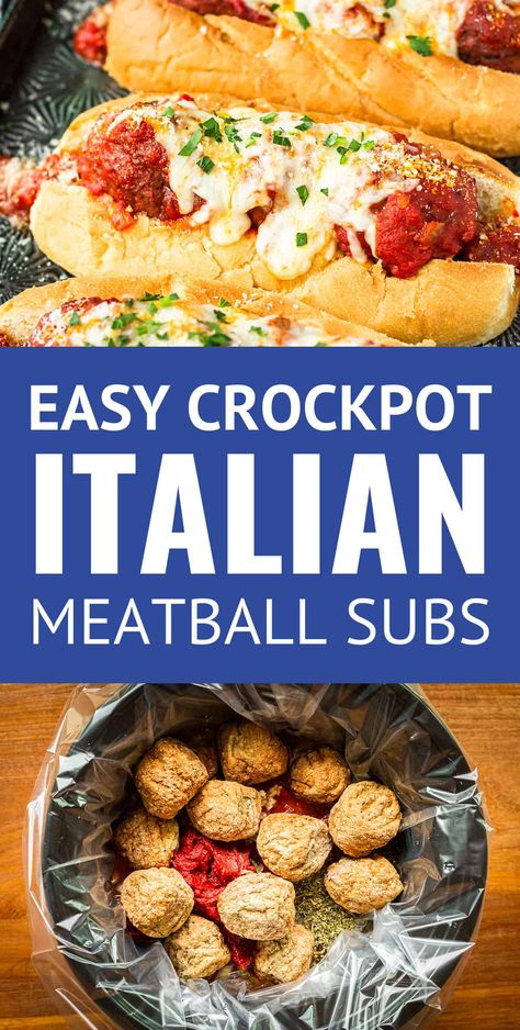 Crockpot Meatball Subs -- these easy crockpot meatball subs are a hearty weeknight meal idea, made simple thanks to your slow cooker! Uses frozen meatballs in a chunky homemade marinara sauce, topped off with ooey-gooey melted mozzarella cheese... | crockpot meatball subs | easy meatball subs | baked meatball subs | meatball subs recipe | crockpot italian meatballs Subway Meatball Marinara Recipe, Meatball Subs Frozen Meatballs, Subway Meatball Sub Recipe, Meatball Subs Easy, Crockpot Meatball Subs, Slow Cooker Frozen Meatballs, Easy Meatball Subs, Baked Meatball Subs, Italian Meatball Subs