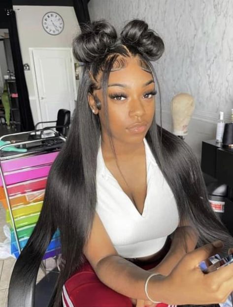 Hairstyles For 20th Birthday, Hairstyles For Frontals, Straight Frontal Wig Hairstyles Ponytail, Two Buns Frontal Wig, Hairstyles For Homecoming Straight Hair, 19th Birthday Hairstyles Ideas, Different Wig Hairstyles For Black Women, Cute New Hairstyles For Black Women, Two Ponytails Frontal Wig