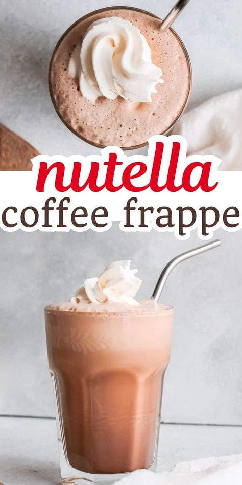 If you love Nutella in coffee, try this easy Nutella frappe recipe. A refreshing cold coffee drink with a delicious chocolatey flavor, it's way better than a Starbucks nutella frappuccino | Homemade Nutella coffee frappe | Mocha coffee drinks Nutella Frappuccino Recipe, Simple Frappe Recipe, Nutella Coffee Drink, Nutella Drink Recipes, Coffee Frappe Recipe Homemade, Nutella Frappe Recipe, Nutella Cappuccino, Nutella Coffee Recipes, Nutella Frappuccino