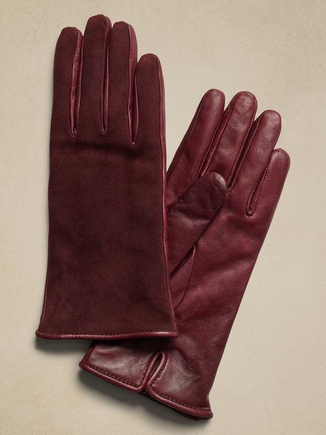 Mary Leather & Suede Gloves | Gianni | Banana Republic Vintage Leather Gloves, Fall Accessories 2024, Burgundy Gloves, Glove Outfits, Cool Gloves, Womens Leather Gloves, Driving Gloves Women's, Burgundy Accessories, Gloves Aesthetic