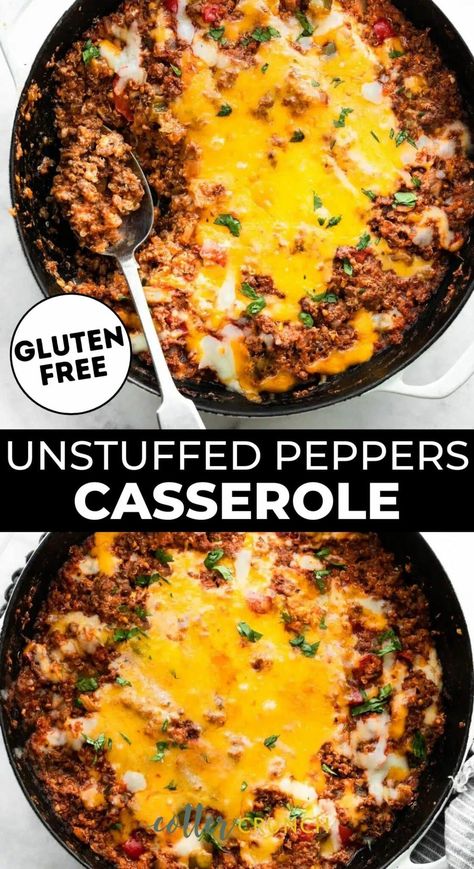 These Healthy Unstuffed Peppers Bowls have all the warm flavor of classic stuffed bell peppers but are twice as easy to make! Prepare a large skillet in just 30 minutes for a delicious dinner that’s high-protein, gluten-free, and great for feeding the whole family. Make it low carb with cauliflower rice and dairy free with plant based cheese. Use ground turkey or beef in this unstuffed peppers casserole made in a skillet on the stovetop. Classic Stuffed Bell Peppers, Unstuffed Pepper Casserole, Unstuffed Peppers, Superfood Bowl, Stuffed Peppers Turkey, Plant Based Cheese, Foods High In Iron, Dairy Free Cheese, Skillet Meals