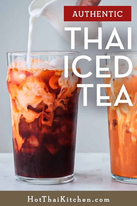 Thai iced tea made just like in Thailand. With hacks for making Thai tea using regular black tea leaves and also vegan modifications. Vegan Asian Salad, Thia Food, Thai Iced Tea Recipe, Thai Tea Boba, Thai Tea Recipes, Thai Mat, Hot Thai Kitchen, Thai Iced Coffee, Thai Iced Tea