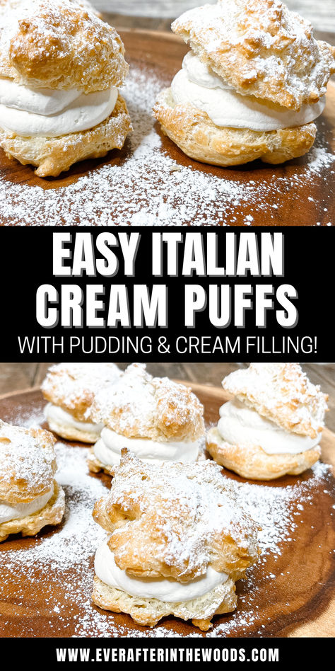 Cream Puffs Cream Puff Recipes Homemade, Italian Cream Filling, Cannoli Cream Puffs, Pastry Shell Fillings, Puff Pastry Shell Dessert, Christmas Cream Puffs Holidays, Holiday Cream Puffs, Cream Puff Filling With Instant Pudding, Italian Cream Puffs With Custard Filling