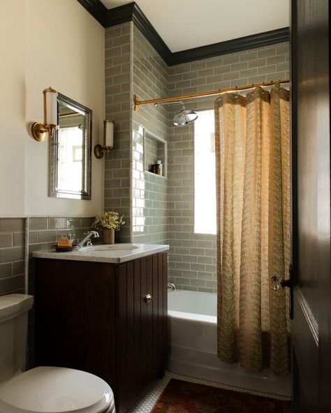 Craftsman Small Bathroom, Dark Brown Powder Room, Small Craftsman Bathroom Ideas, Updated Victorian Interior, Moody Vintage Bathroom, 1920’s Bathroom, 1925 Bungalow, 1920s Craftsman, Arts And Crafts Bathroom