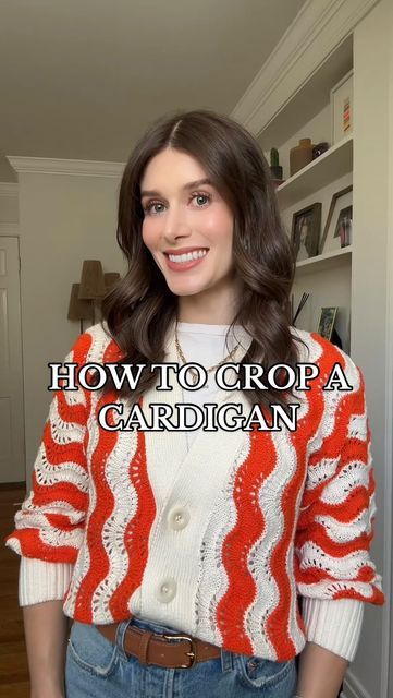 Rebecca Kahane Pankow on Instagram: "How to crop a cardigan. Will you be trying this #hack ?" Cardigan Button Up Outfit, Crop Cardigan Hack, How To Crop A Cardigan, Styling Cardigans Ideas, How To Crop A Sweater, Cardigan Hacks, Button Cardigan Outfit, Cropped Cardigan Outfit, Cardigan Outfit Ideas