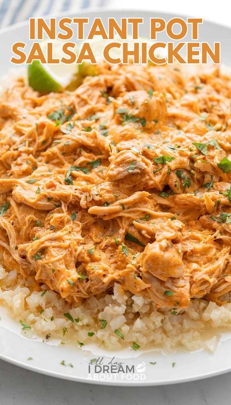 Instant Pot Salsa Chicken is an instant family hit! This easy low carb shredded chicken recipe is creamy and flavorful, and takes only 30 minutes. Crockpot instructions included too. Instapot Chicken Salsa, Instapot Salsa Chicken Recipes, Shredded Chicken Breast Instant Pot, Instant Pot Chicken Recipes Shredded, Instapot Shredded Chicken Taco, Instapot Chicken Recipes Easy, Chicken Salsa Instant Pot, Instant Pot Recipes High Protein, Low Fat Instant Pot Recipes