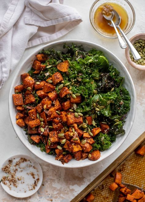 Sweet Potato Kale Salad with Hot Ginger Dressing Kale And Sweet Potato Recipes, Sweet Potato Kale Salad, Potato Kale Salad, Kale Sweet Potato Salad, Sweet Potato Salad Recipe, Rotisserie Chicken Salad, Sweet Potato Kale, Honey And Soy Sauce, Ginger Dressing