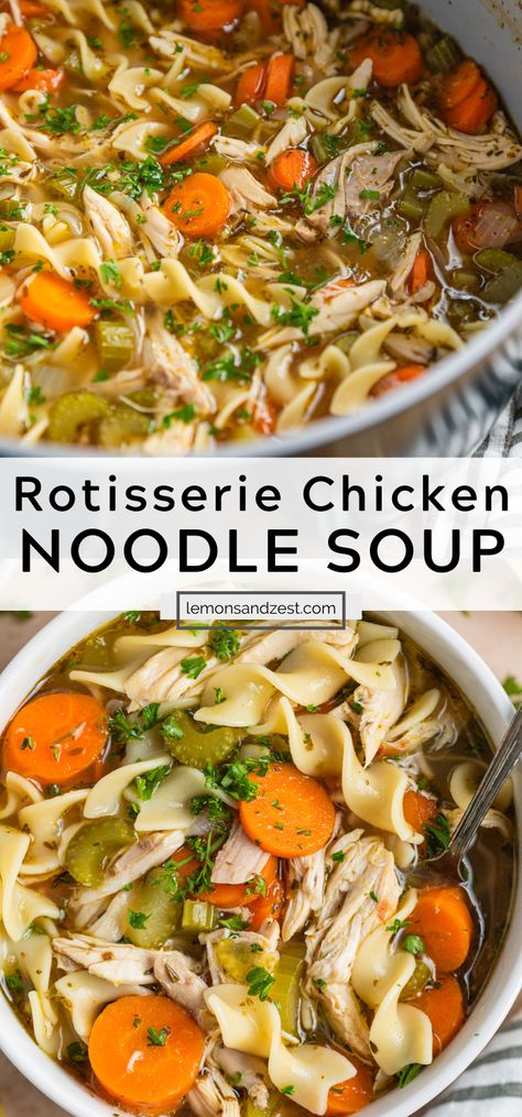 This thick and hearty easy Rotisserie Chicken Noodle Soup recipe is going to be your new favorite cozy soup recipe. So simple to toss everything in and allow the rich, flavorful chicken add all of the flavor! Comfort food at it's easiest! Best Chicken Noodle Soup With Rotisserie Chicken, Fast Chicken Noodle Soup Recipes, Chicken Noodle Soup Leftover Chicken, Rotissery Chicken Noodle Soup, Homemade Chicken Soup With Rotisserie Chicken, Best Rotisserie Chicken Soup, Home Made Chicken Noodle Soup With Rotisserie Chicken, Chicken Noodle Soup Made With Rotisserie Chicken, Chicken Noodle Soup Recipe With Rotisserie Chicken