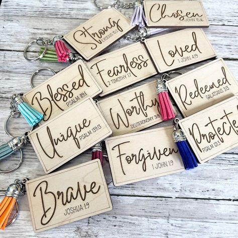 Scripture Crafts For Women, Laser Engraved Keychain Ideas, Christian Crafts To Sell, Glowforge Projects To Sell, Keychain Design Ideas, Word Keychain, Rosary Keychain, Scripture Crafts, Xtool Projects