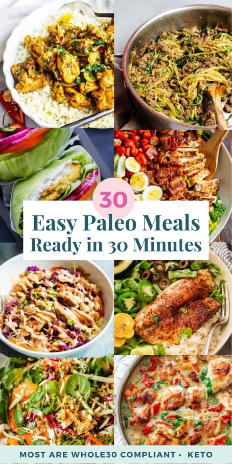 These 30 easy paleo meals are all ready in 30 minutes or less. Most recipes are Whole30 compliant and many are low in carbs + keto friendly. Whole 30 Family Dinner Recipes, Meal Prep For The Week Paleo, 30 Minute Paleo Dinner, Cheap Easy Paleo Meals, Paleo Birthday Dinner, Paleo Meal Ideas Dinners, Budget Friendly Paleo Meals, Whole Food Meals Easy, Paleo 30 Minute Meals