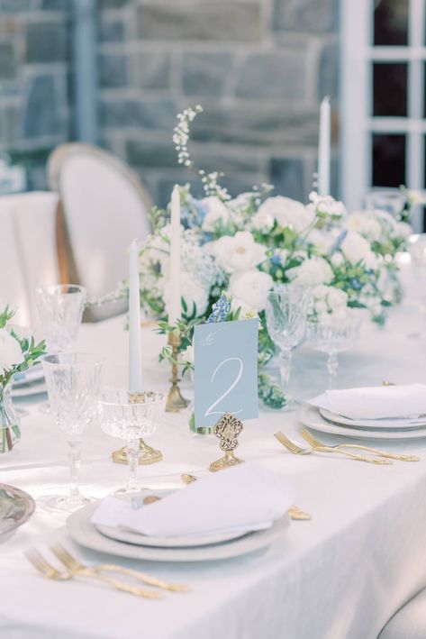 Unique Ceremony Chair Set Up, Sky Blue Wedding Reception, White Table With Gold Chairs, Wedding Decorations Light Blue, Something Blue Wedding Flowers, Marian Blue Wedding, French Blue Table Setting, Blue White Green Tablescape, Timeless Blue Wedding