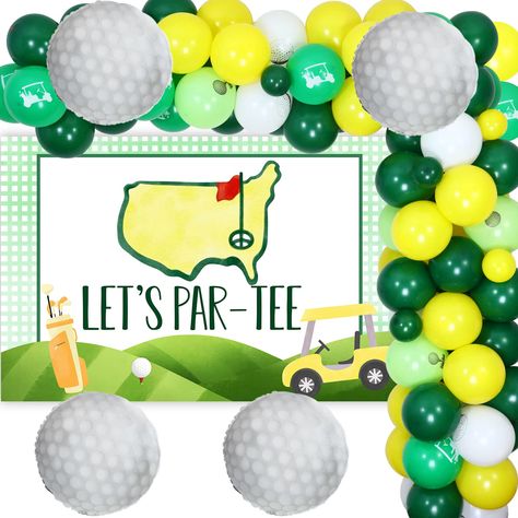 PRICES MAY VARY. Golf Themed Birthday Party: The package come with 50 latex balloons 12 inches (15 fruit yellow, 15 dark green, 20 golf theme printed); 14 latex balloons 5 inches (7 fruit yellow, 7 dark green); 4 golf foil balloons 18 inches; 1 3 x 5ft backdrop; 1 balloon tape strip; 1 roll of adhesive dot; 2 white ribbon. Exquisite Backdrop: Lets Partee backdrop special designed for golf theme birthday party, with silhouette of golf course characterize, bright and colourful design, simulation p Golf First Birthday, Golf Theme Party, Golf Party Decorations, Party Decorations Kids, Golf Birthday Party, Yellow Birthday, Masters Golf, Golf Event, Golf Theme