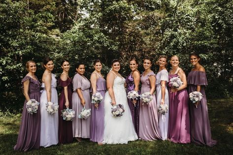 Mismatch bridesmaid dresses in purple tone for fall wedding idea Different Color Purple Bridesmaid Dresses, Mix And Match Bridesmaid Dresses Purple, Purple Boho Bridesmaid Dresses, Purple Mix And Match Bridesmaids, Multi Purple Bridesmaid Dresses, Mix Match Purple Bridesmaid Dresses, Mismatch Purple Bridesmaid Dresses, Shades Of Purple Bridesmaid Dresses Color Schemes, Muted Purple Bridesmaid Dresses