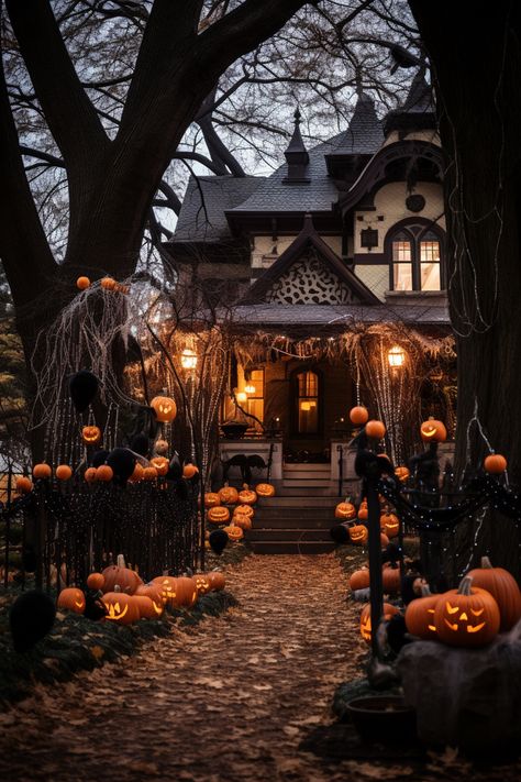 Halloween Decor Exterior House, Halloween And Autumn Decor, Halloween Decor Outdoor Front Porches, Spooky Cozy Aesthetic, Halloween Victorian House, Houses Decorated For Halloween, Cozy Halloween Party, Gothic Halloween Aesthetic, Halloween House Aesthetic