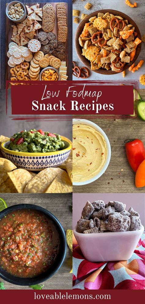 six photos of examples of snack recipes. Low Fodmap Appetizer Recipes, Fodmap Appetizers Parties, Low Fodmap Superbowl Snacks, Fodmap Snacks Easy, Low Fodmap Picnic Food, Low Fodmap Appetizers Parties, Low Fodmap Snack Recipes, Low Fodmap Party Food, Low Fructose Recipes