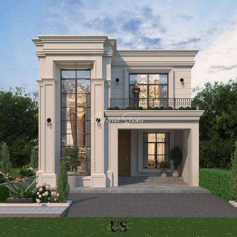 Classical Facade . . . . . . @raavvvviii Roman Elevation Design, Modern Classic Villa Exterior, Timeless House Design, Classical House Elevation, Modern Elevation Designs For House, New Classic Facade, Corner Elevation, Neo Classic Villa, Classic Villa Exterior