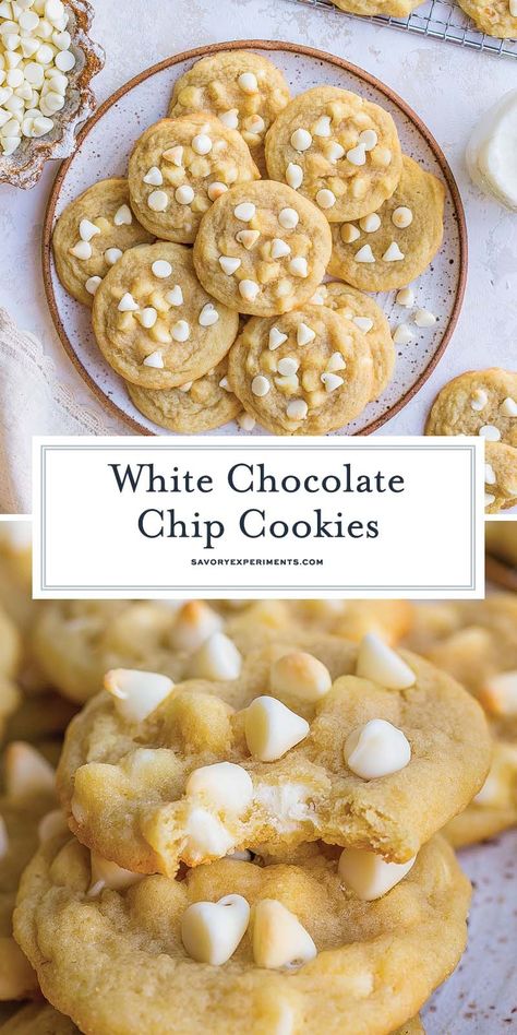 With crispy edges, soft centers, and loads of white chocolate chips these EASY White Chocolate Chip Cookies are totally over the top! Homemade White Chocolate Chip Cookies, White Chocolate Sprinkle Cookies, Best White Chocolate Chip Cookies, Easy White Chocolate Chip Cookies, White Chocolate Chip Desserts, White And Milk Chocolate Chip Cookies, White Chocolate Chip Recipes, Chocolate Cookies With White Chips, White Chocolate Chip Cookie Recipe