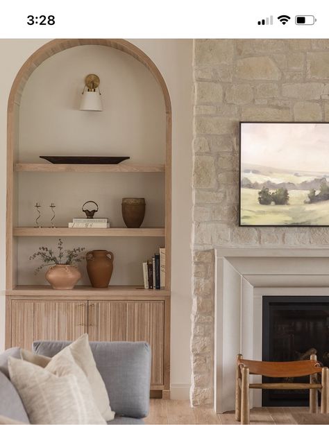 White Oak Shelves Living Room, Arched Built Ins Around Fireplace, Living Room Arches, Plaster Fireplace With Built Ins, Fireplace Arched Built Ins, French Countryside Living Room, Arched Gas Fireplace, Coastal Farmhouse Fireplace, Plaster Fireplace With Wood Mantel