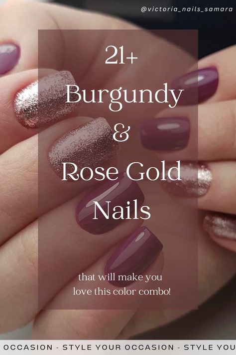 Looking for elegant burgundy nails with designs or glitter? You’ll love this list of burgundy and rose gold nails for every day wear or a special occasion. There’s short and simple almond nails, extravagant acrylic manicures with rose gold foil, glittery French tips, and everything in between! Mauve Nails Design Classy, Nail Ideas For Burgundy Dress, Rose Gold Nails Design Classy Short, Winter Nails Pink Rose Gold, Nails That Go With Rose Gold Dress, Fall Mauve Nail Designs, Rose Gold Nails Design Classy Acrylic, Gel Nails Rose Gold, One Glitter Nail Ideas