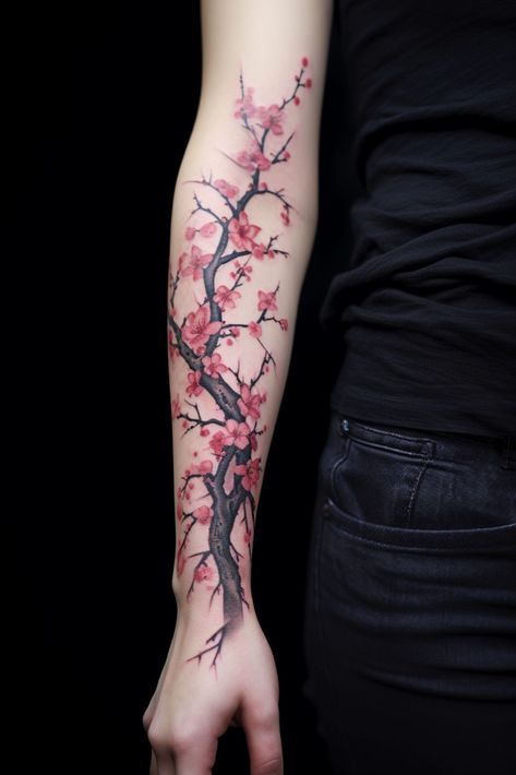 Japanese Floral Tattoo on Arm Tattoo Over Shoulder, Floral Tattoo On Arm, Japanese Floral Tattoo, Cherry Blossom Tattoo Shoulder, Cherry Tree Tattoos, Tattoo On Arm, Sakura Tattoo, Japanese Flower Tattoo, Tree Tattoo Designs