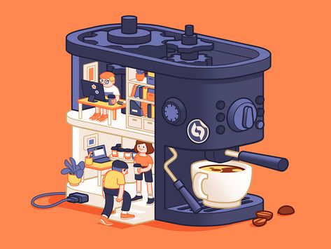 This illustration captures a captivating scene of a busy office life within a coffee machine. It serves as a delightful reminder that, upon entering the office, a marvelous cup of fresh coffee awaits you to kick-start the day with vigor and motivation. With this artwork, we pay tribute to all the office coffee lovers who find inspiration in that first sip of morning brew. Let's work together! Microwave Illustration, Coffee Machine Illustration, Cup Of Coffee Illustration, Coffee Shop Illustration, Office Illustration, Coffee Machine Design, Machine Illustration, Busy Office, 3d Coffee