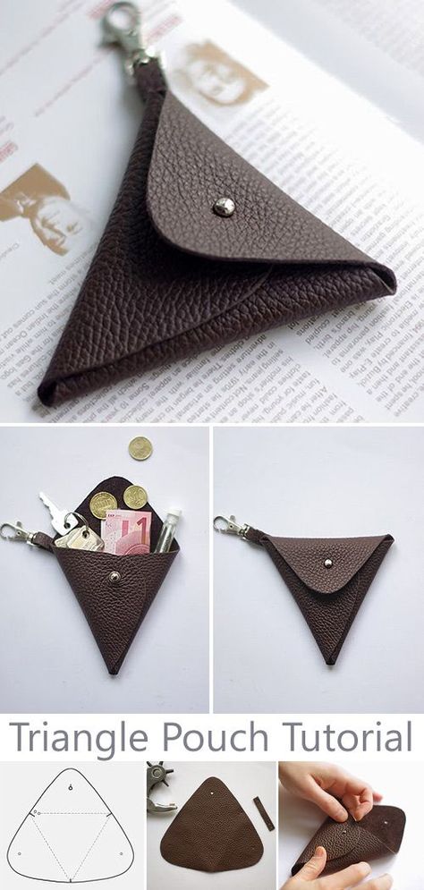 Leather Pouch Tutorial, Leather Pouch Pattern, Diy Leather Pouches, Belt Bag Pattern, Leather Purse Pattern, Leather Accessories Diy, Triangle Pouch, Leather Change Purse, Leather Working Projects