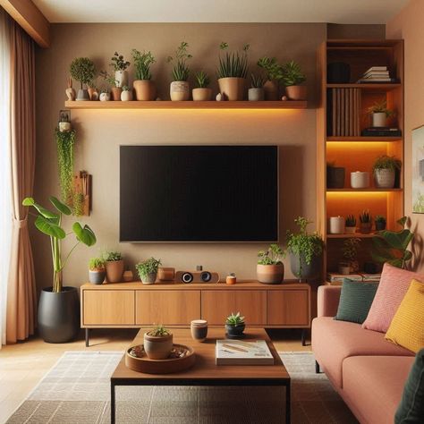 Small Living Room Ideas with TV Very Small Lounge Ideas, Comfort Living Room Ideas, Large Tv Small Wall, Small Living Room Tv Console, Tv Boho Living Room, Shelving Beside Tv, Small Tv Area Ideas Living Room, Plant Shelf Above Tv Living Room, Tv Unit Ideas For Small Living Room