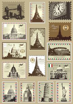 Bullet Journal Vintage, Travel Stickers Printable, Vintage Aesthetic Stickers Printables, Journal Materials, Tower Drawing, Vintage Paper Printable, Suitcase Stickers, طوابع بريد, Vintage Scrapbook Paper